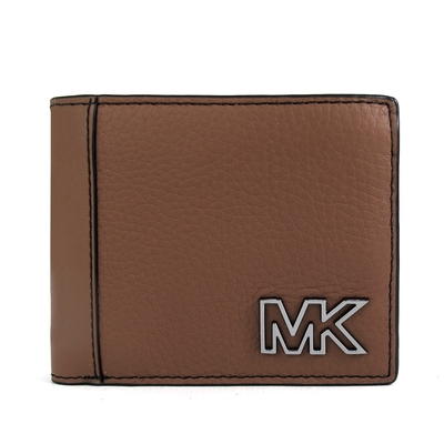 michael kors cooper銀字鏤空mk鵝卵石紋皮革對開式短夾(馬鞍棕/含零錢袋)