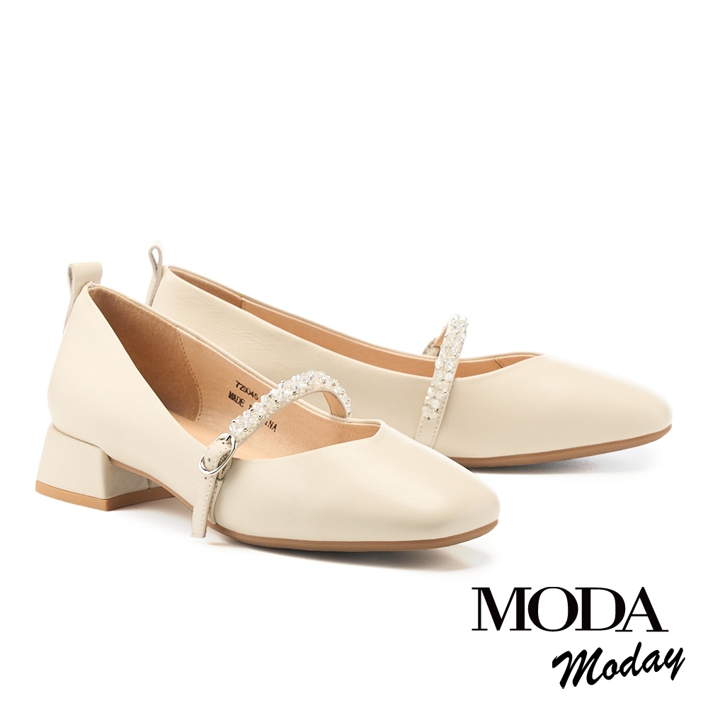 低跟鞋 MODA MODAY  簡約優雅繫帶牛皮方頭低跟鞋－白