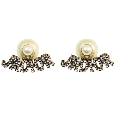 Christian Dior TRIBALES 水鑽英字LOGO造型珠珠耳針式耳環(古銅金)