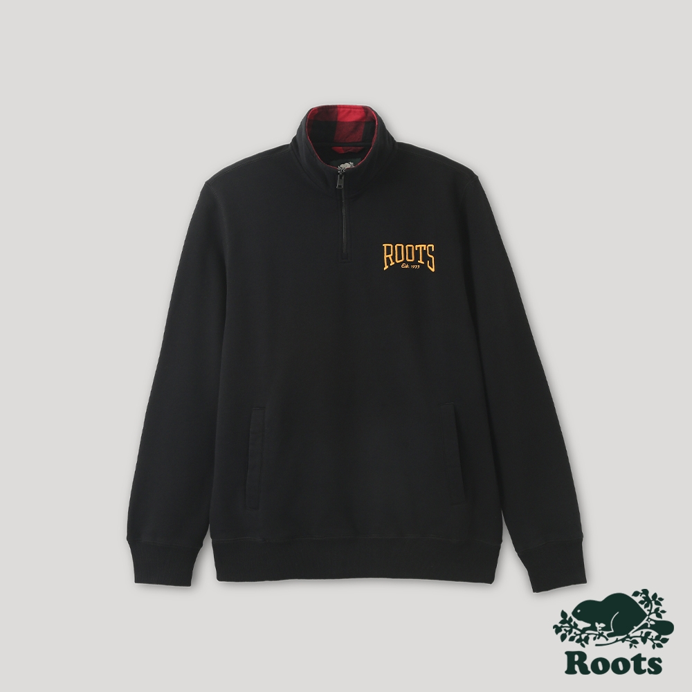 Roots 男裝- 格紋風潮系列 立領拉鍊刷毛布上衣-黑色
