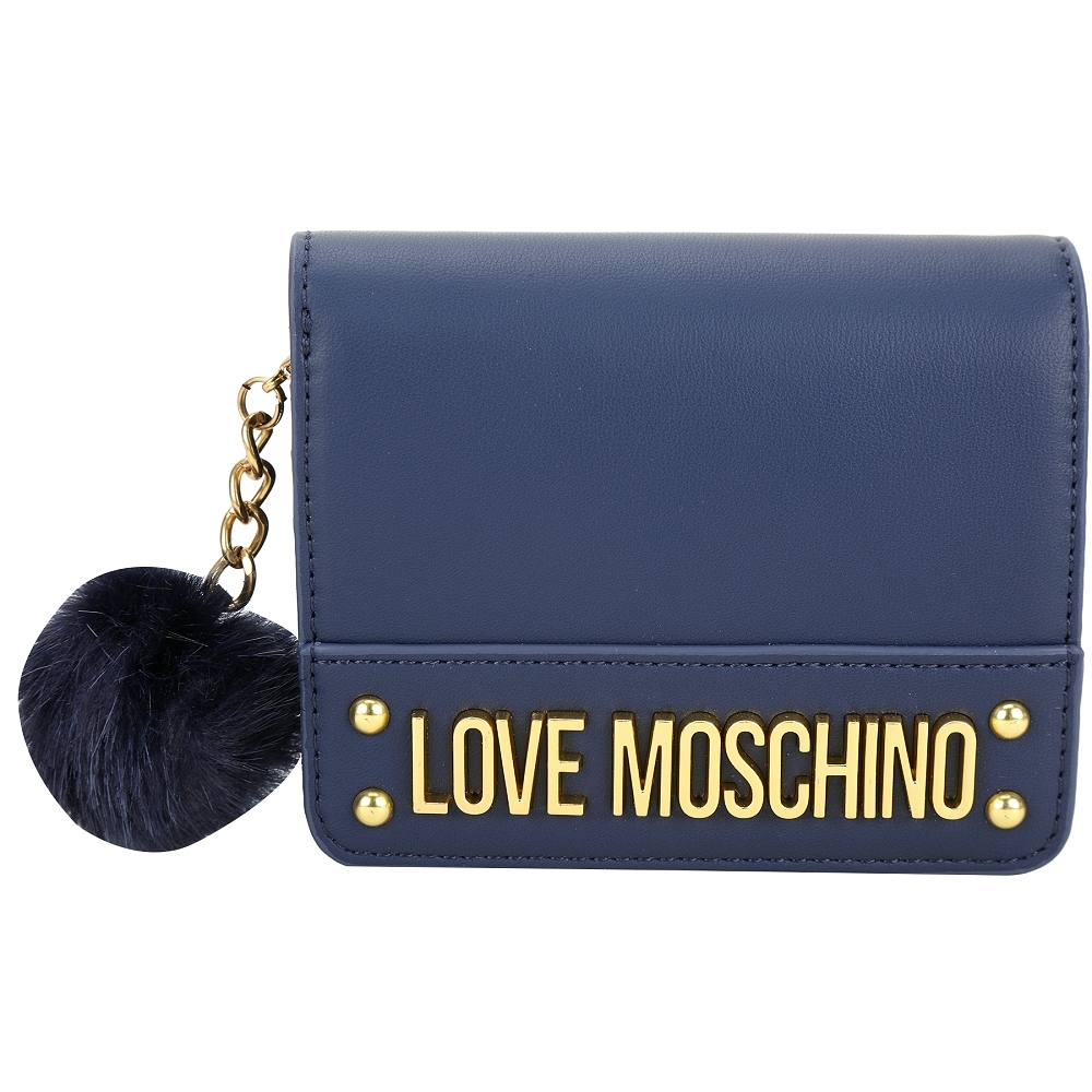 LOVE MOSCHINO 可拆毛球吊飾字母對折釦短夾(深藍色)