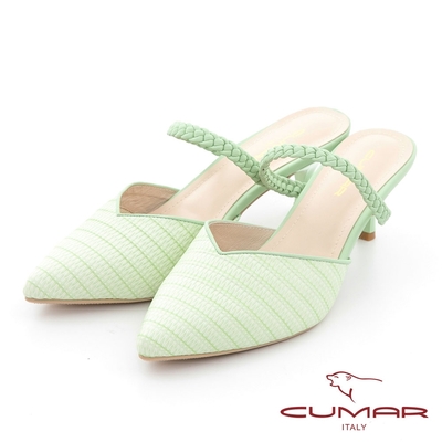 【CUMAR】皮革壓花兩穿式後空高跟鞋-綠
