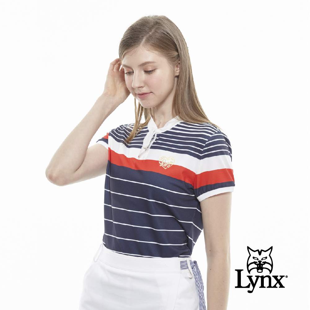 【Lynx Golf】女款吸濕排汗合身版綁帶領配色橫條印花短袖POLO衫-深藍色