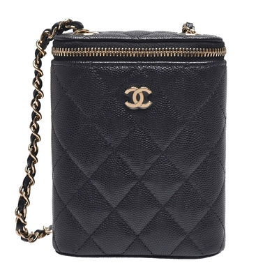 CHANEL 經典金色雙C LOGO粒紋牛皮拉鍊斜背小包(黑)