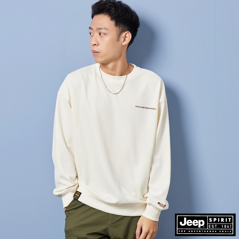 JEEP 男裝 經典華夫格簡約長袖大學T-白色