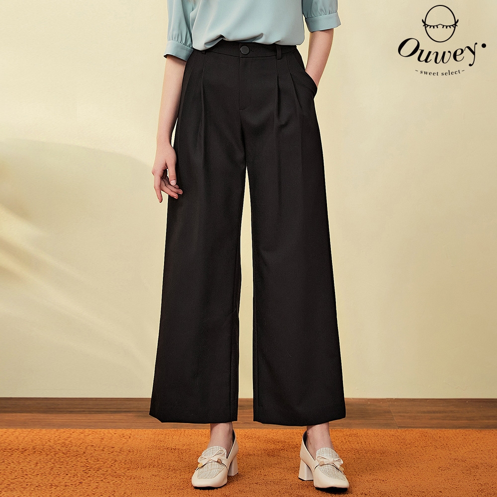 OUWEY歐薇 百搭素色打摺造型修身紋理直筒寬褲(黑色；S-L)3223396508