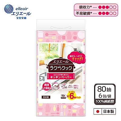 日本大王elleair 油切清潔廚房紙巾(抽取式) 80抽x6包/串