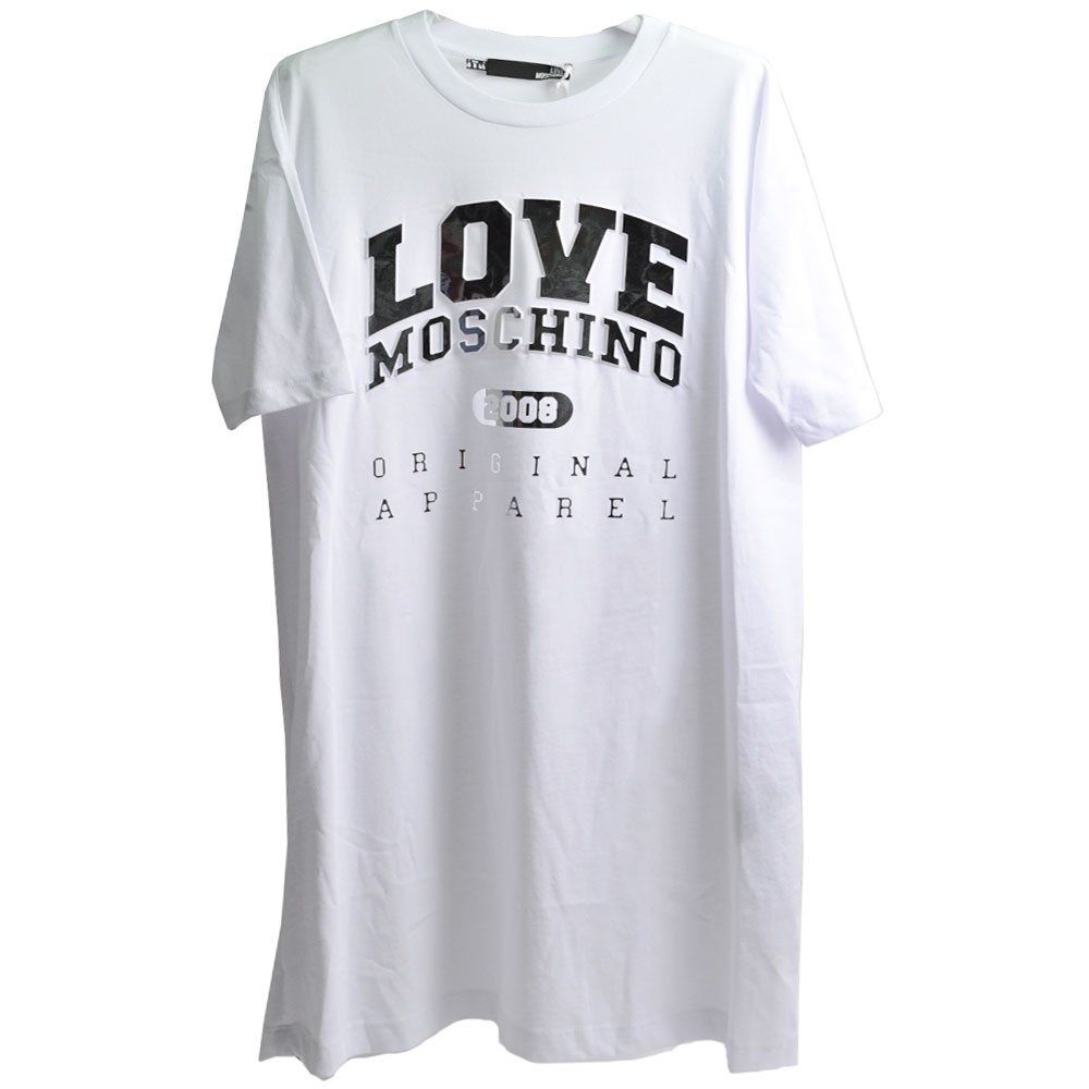 LOVE MOSCHINO 立體字燙銀字母白色棉質短袖長版T恤(白色/44號)