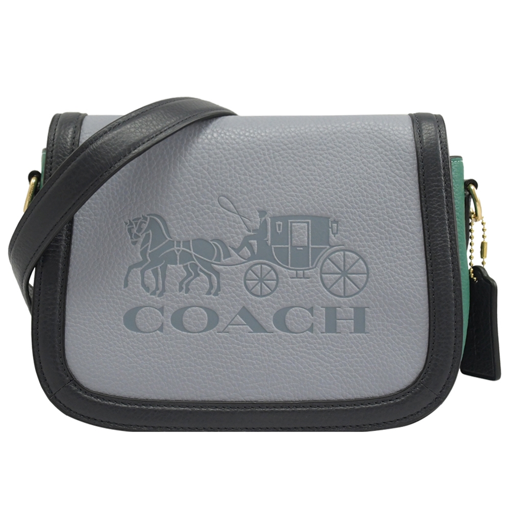 COACH 品牌馬車LOGO撞色牛皮翻蓋斜背包(灰/藍綠)