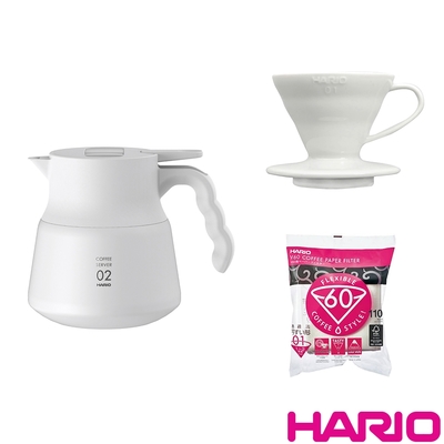 【HARIO】V60不鏽鋼保溫咖啡壺白色PLUS+V60磁石01濾杯+濾紙