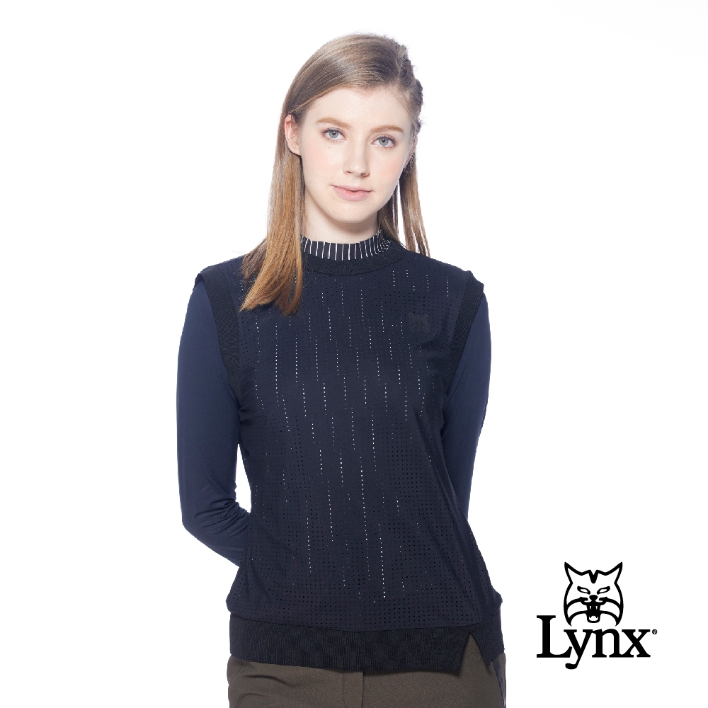 【Lynx Golf】korea女款山貓膠標沖孔布料下擺開叉設計無袖背心-黑色