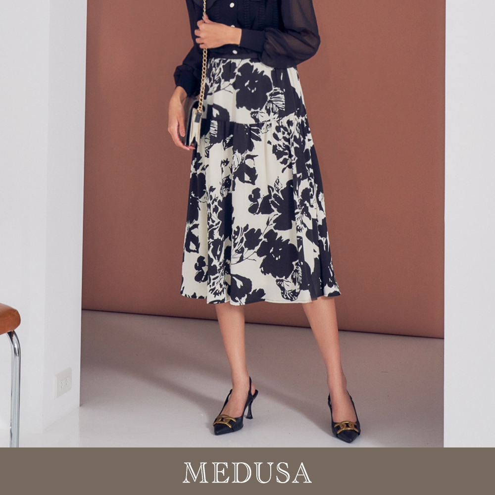 現貨【MEDUSA 曼度莎】光澤絲感垂墜黑色印花裙（M-XL）｜裙子 中長裙 婚禮穿搭