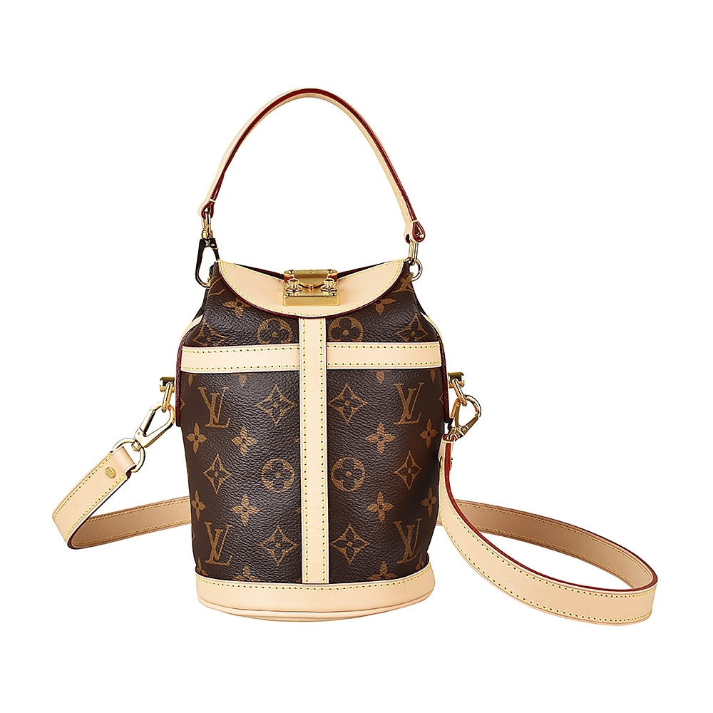 LV M43587 DUFFLE花紋LOGO Monogram帆布扣式手提肩背圓桶包(棕)