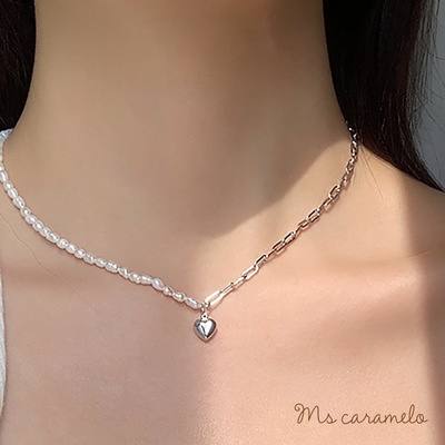 【焦糖小姐 Ms caramelo 】925純銀鍍18K白 淡水珍珠項鍊 愛心項鍊