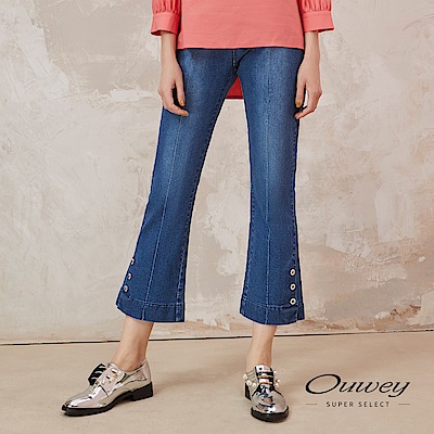 OUWEY歐薇 時尚刷白縫釦小喇叭牛仔褲(藍)