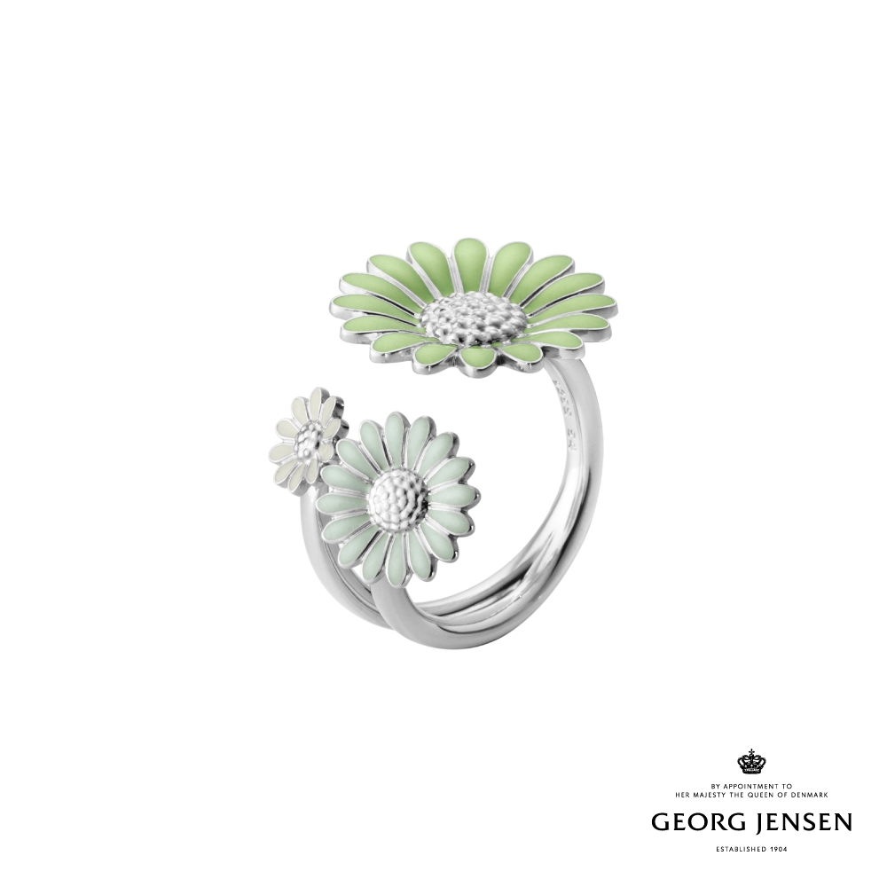 Georg Jensen 喬治傑生 Daisy x Stine Goya 戒指-純銀電鍍銠, 綠色和白色琺瑯