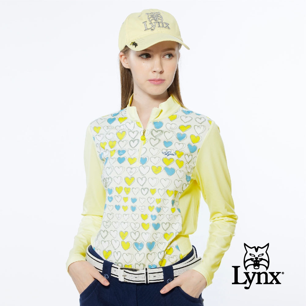【Lynx Golf】女款合身版內刷毛剪接滿版繽紛愛心印花長袖POLO衫-黃色