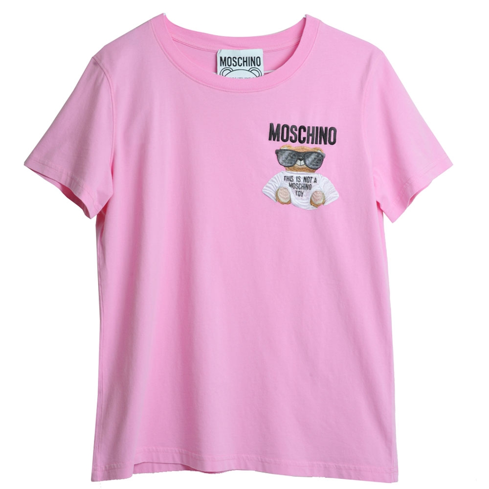 MOSCHINO COUTURE 葡萄牙製刺繡毛衣泰迪熊品牌字母LOGO圖騰棉質T恤上衣(粉桃紅)