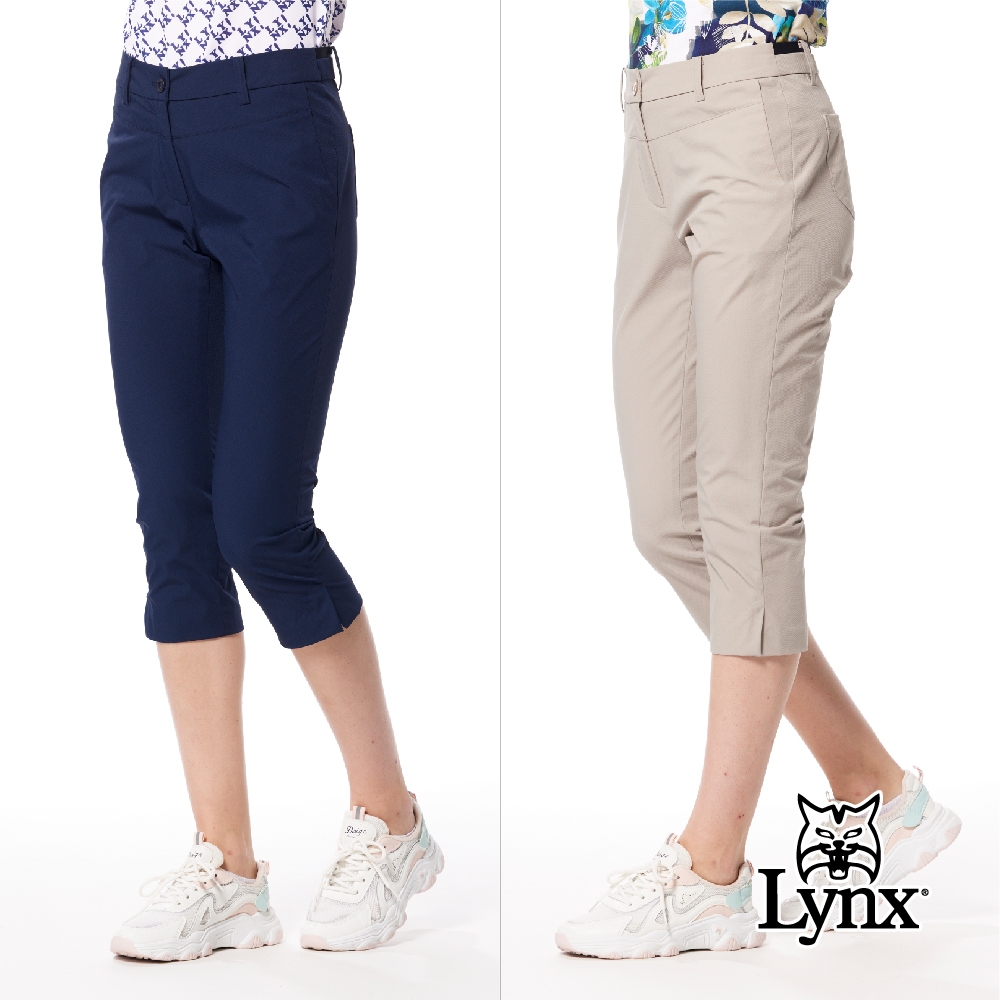 【Lynx Golf】女款彈性舒適素面外觀剪接設計立體貼膜造型開杈款窄管七分褲(二色)