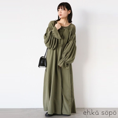 ehka sopo 【SET ITEM】縮褶公主袖造型綁帶罩衫+後挖空綁帶背心洋裝