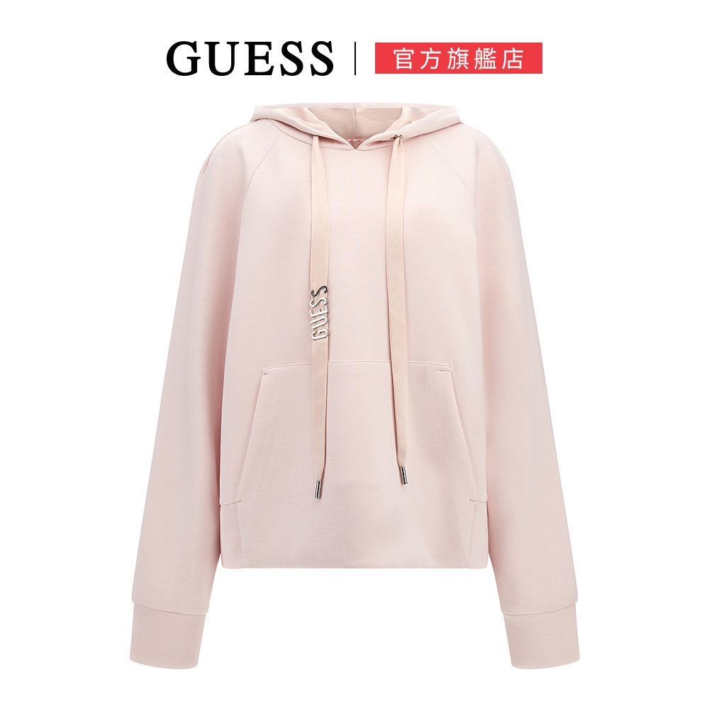 【GUESS】金邊LOGO口袋長袖帽T-粉