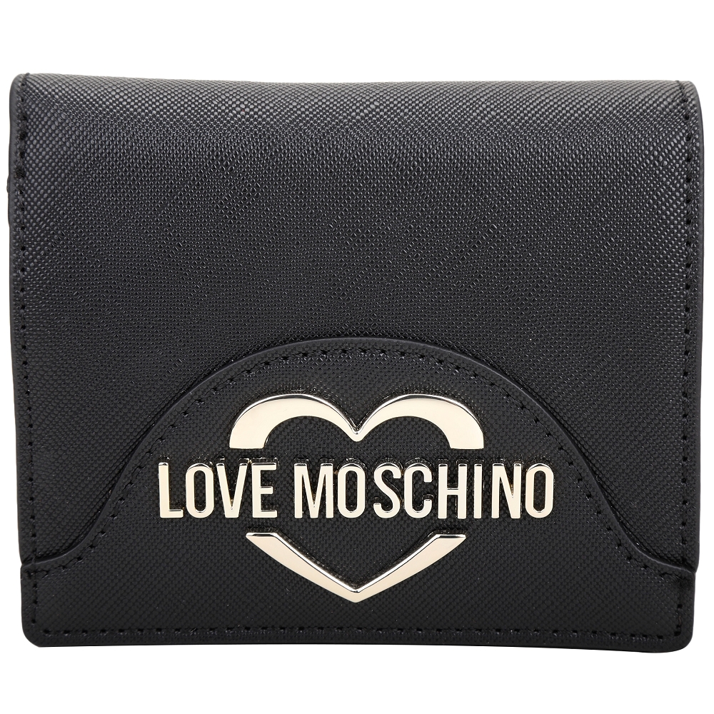 LOVE MOSCHINO 愛心字母標誌防刮皮革釦式短夾(黑色)