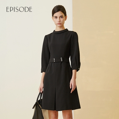 EPISODE - 幹練知性修身小立領前開叉七分袖洋裝（黑）