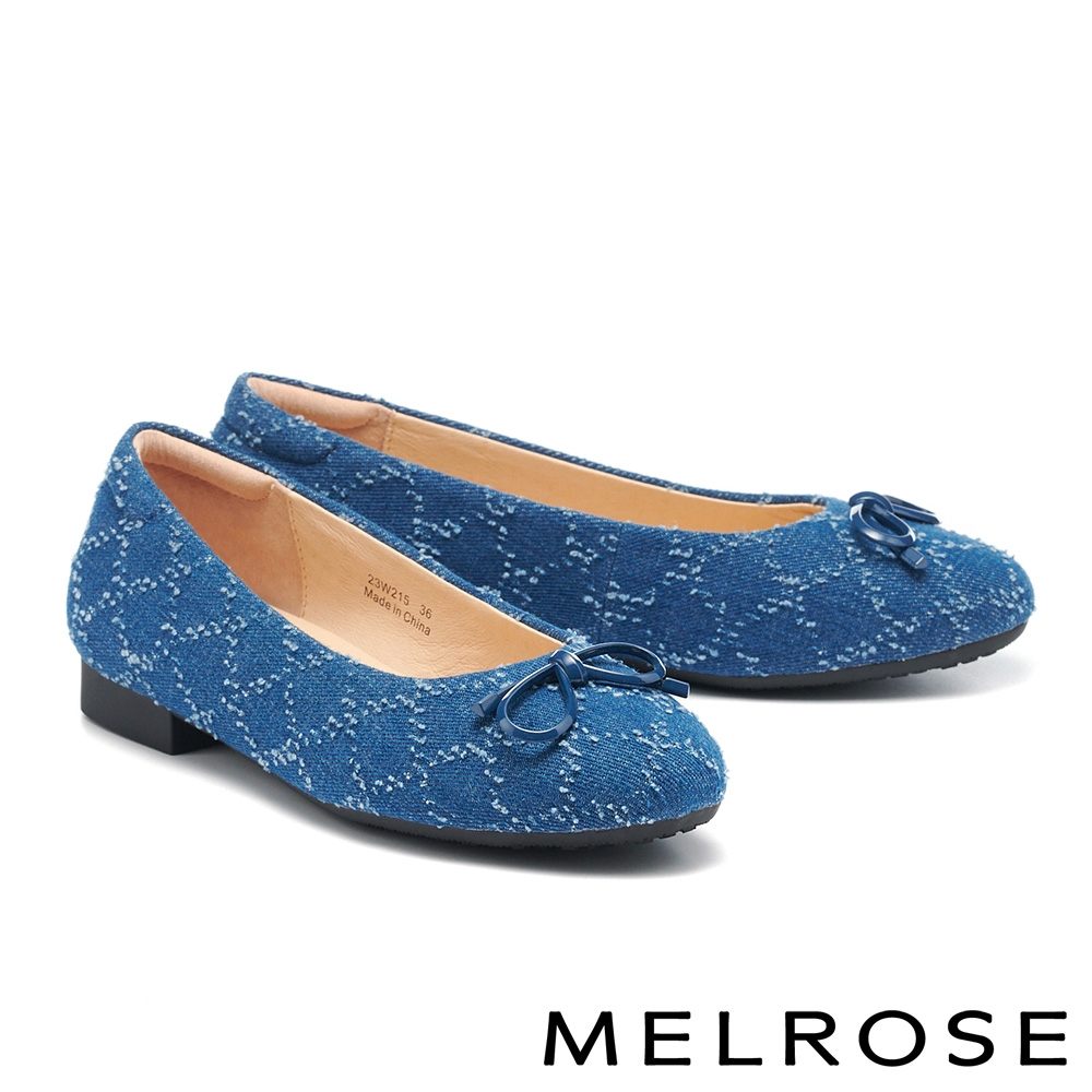 低跟鞋 MELROSE 美樂斯 內斂氣質蝴蝶結牛仔布圓頭低跟鞋－藍
