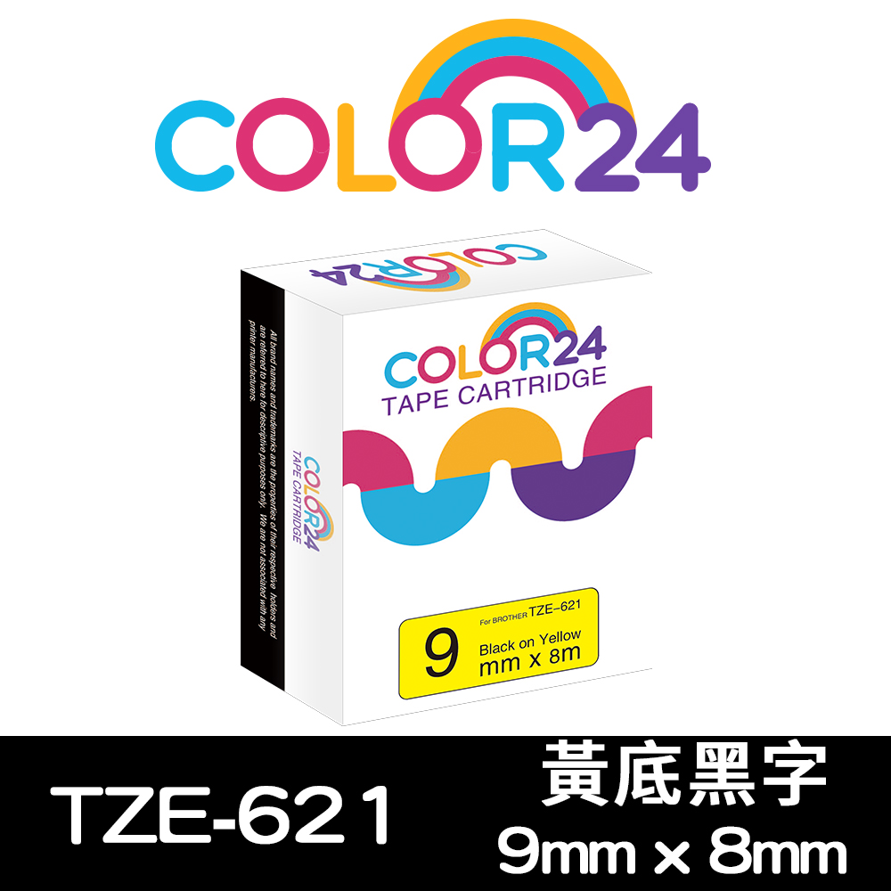 Color24 for Brother TZe-621 黃底黑字相容標籤帶(寬度9mm)