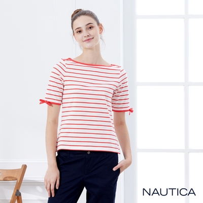 Nautica 女裝 平口領條紋蝴蝶結短袖T恤-白色