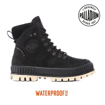 PALLADIUM PALLASHOCK HI CUFF WP+厚底巧克力皮革橘標防水靴-中性-黑