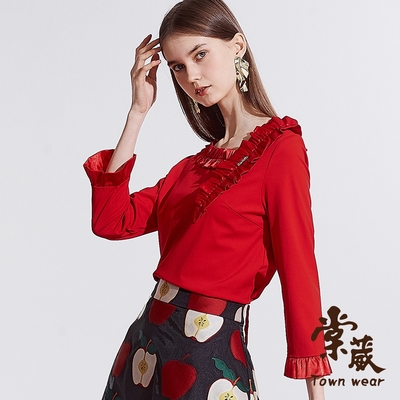 【TOWNWEAR棠葳】素雅絲光抽褶領荷葉袖上衣(女上衣/女上著/鑽飾/長袖/素色)