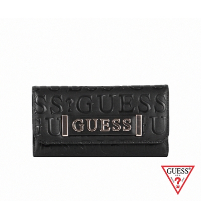 GUESS-女包-LOGO壓印皮革三折式長夾-黑