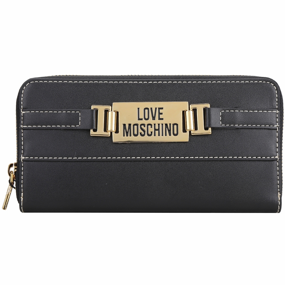 LOVE MOSCHINO 金牌字母標誌明線拉鍊長夾(黑色)