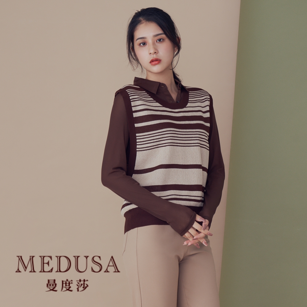 現貨【MEDUSA 曼度莎】I'care 假兩件式橫紋針織上衣（F）｜女上衣 針織衫 假兩件