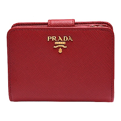 PRADA SAFFIANO METAL經典金色金屬浮雕LOGO防刮牛皮暗釦短夾(紅)