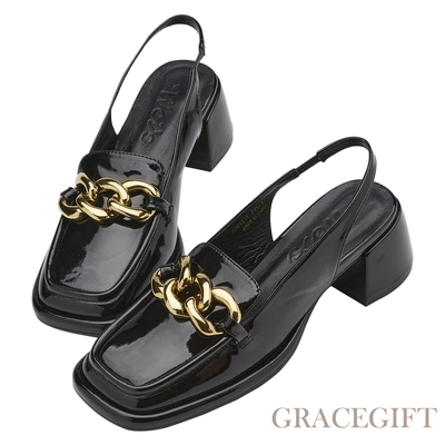 【Grace Gift】唐葳訂製-季節任意門金屬鍊條低跟鞋 黑漆