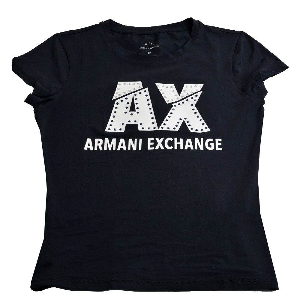 AX ARMANI EXCHANGE 貼鑽字母LOGO薄棉質短袖女T恤(深夜藍/M號)