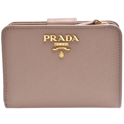 PRADA 普拉達 SAFFIANO METAL經典金色金屬浮雕LOGO防刮牛皮短夾/零錢包(裸色)