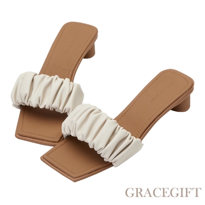 【Grace Gift】甜美雲朵低跟拖鞋 卡其