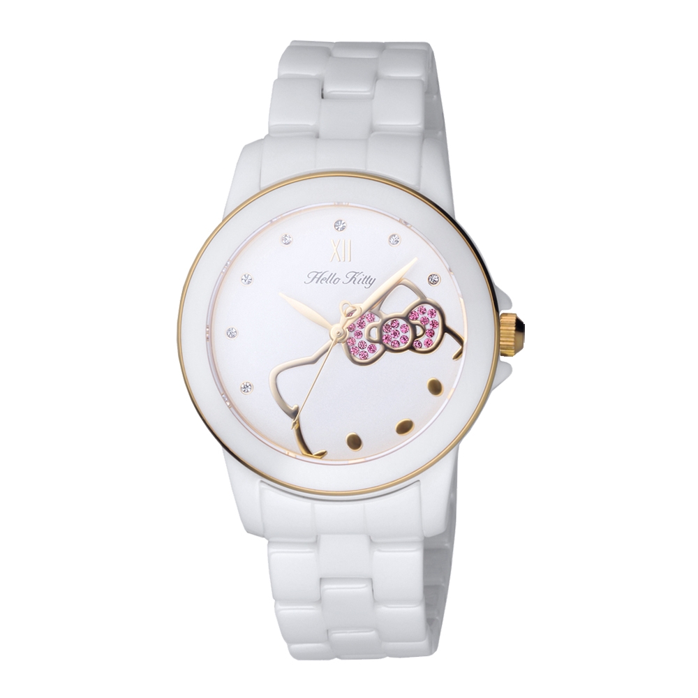 HELLO KITTY 花園迷藏時尚陶瓷腕錶-金x白-LK673LWWI-K-36mm