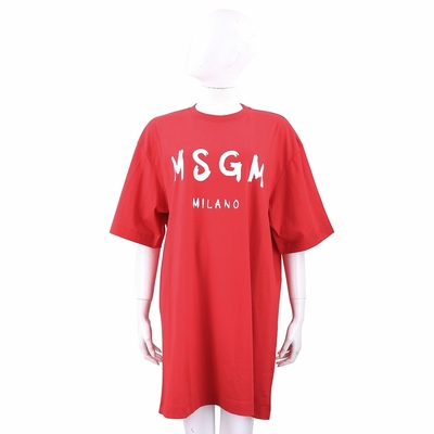 MSGM 塗鴉白字母紅色短袖長版TEE 洋裝