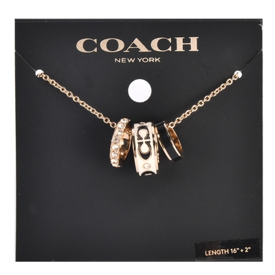 COACH 經典滿版C字LOGO三環造型搪瓷水晶鑲鑽項鍊-黑白色