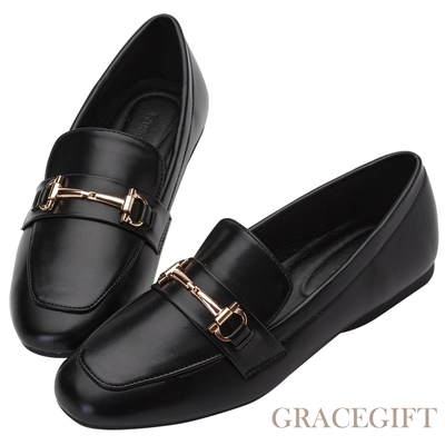 【Grace Gift】極簡馬銜扣平底樂福鞋 黑