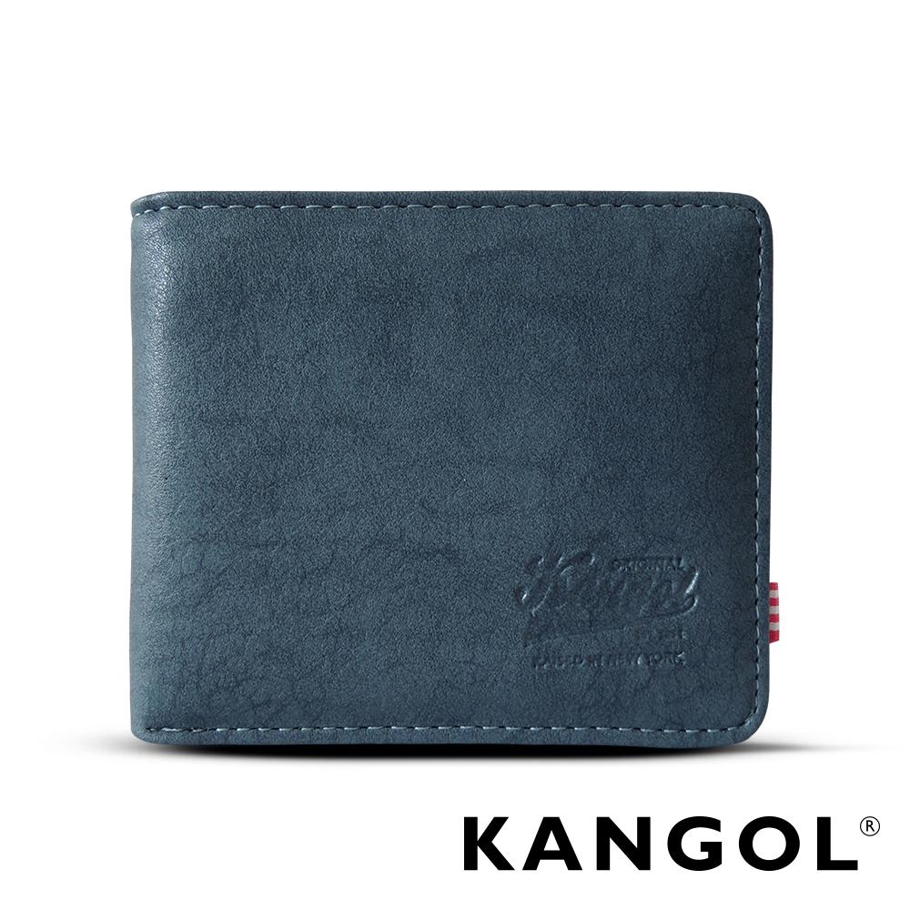 福利品 KANGOL 韓式潮流橫式短皮夾+鑰匙圈禮盒-皮紋藍