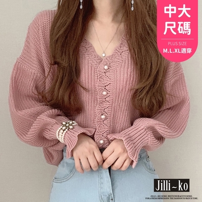 JILLI-KO 復古珍珠扣寬鬆甜美鏤空泡泡袖針織毛衣中大碼- 粉/白