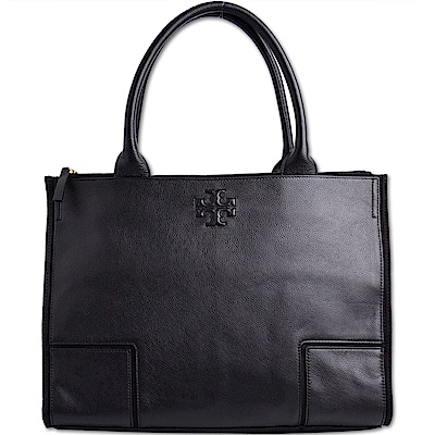 TORY BURCH ELLA 縫線LOGO皮革拼接帆布手提肩背兩用托特包-沉穩黑