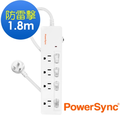 PowerSync 群加 3孔4開4插 防雷雙色延長線1.8米(TPS344GN9018)