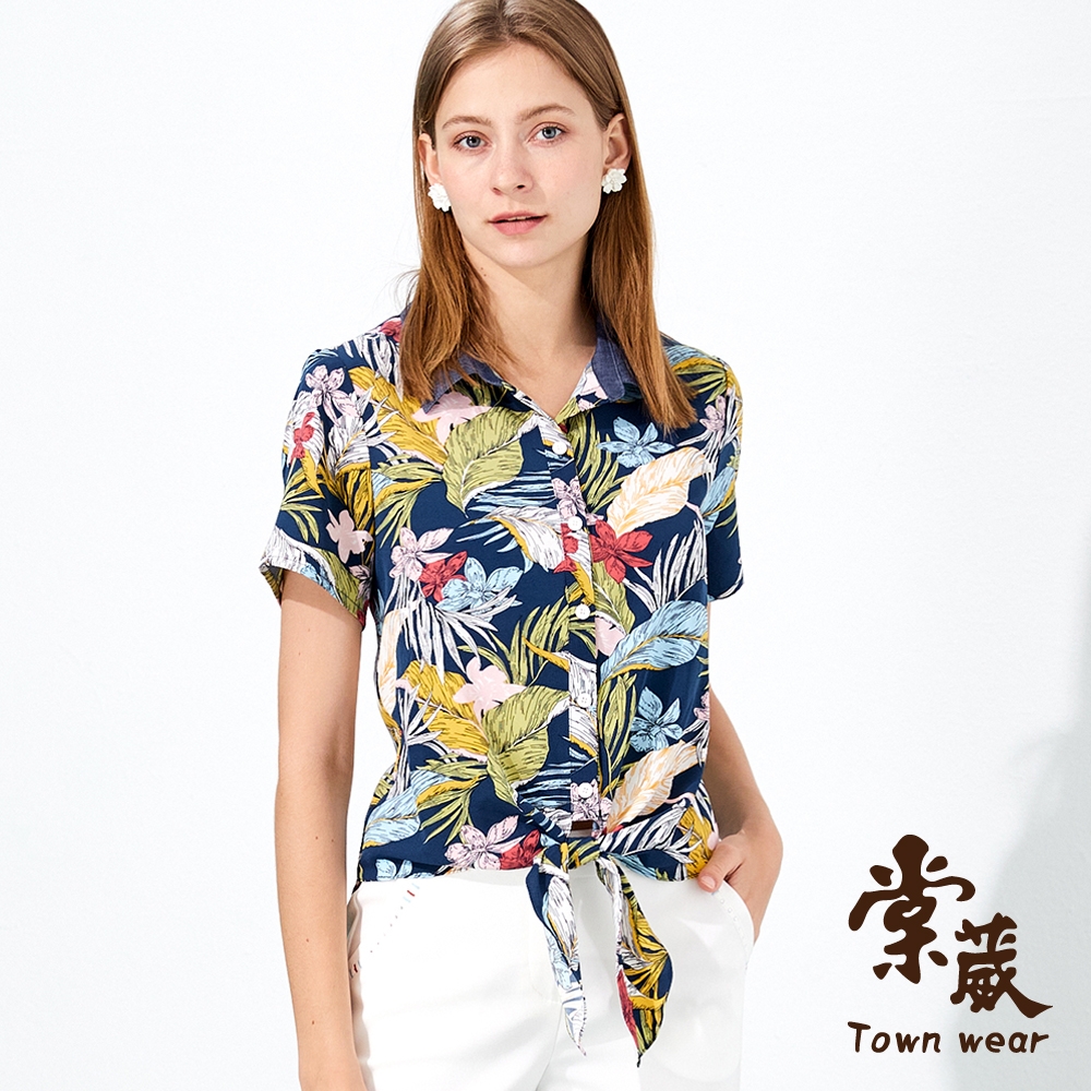 【TOWNWEAR棠葳】熱帶印花綁帶開襟涼感上衣(女上衣/短袖/鈕扣/綁帶)