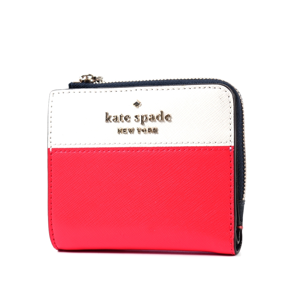 KATE SPADE 金字LOGO拚色防刮對開釦式短夾-紅/白